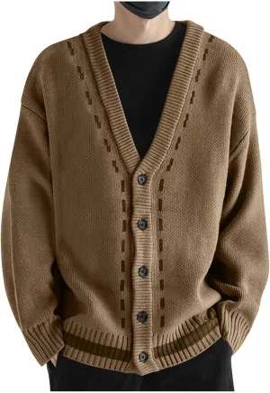 Cardigan Sweaters for Men Button Down Knit Sweater V Neck Ribbed Cardigan Cable Knit Sweater Casual Outwear