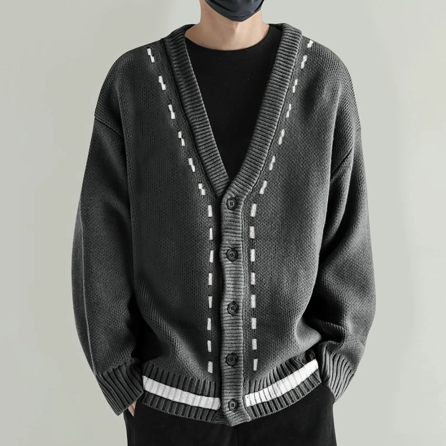 Cardigan Sweaters for Men Button Down Knit Sweater V Neck Ribbed Cardigan Cable Knit Sweater Casual Outwear