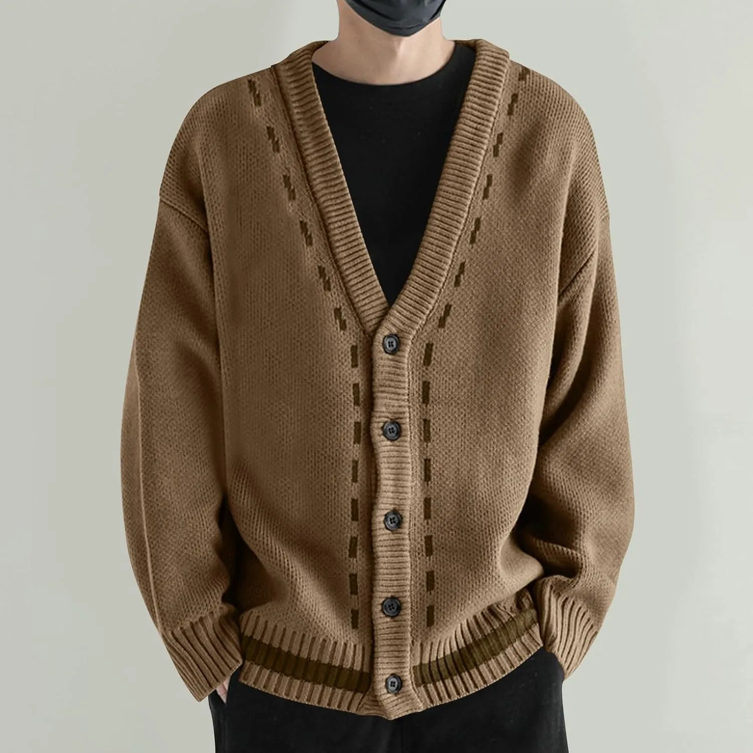 Cardigan Sweaters for Men Button Down Knit Sweater V Neck Ribbed Cardigan Cable Knit Sweater Casual Outwear