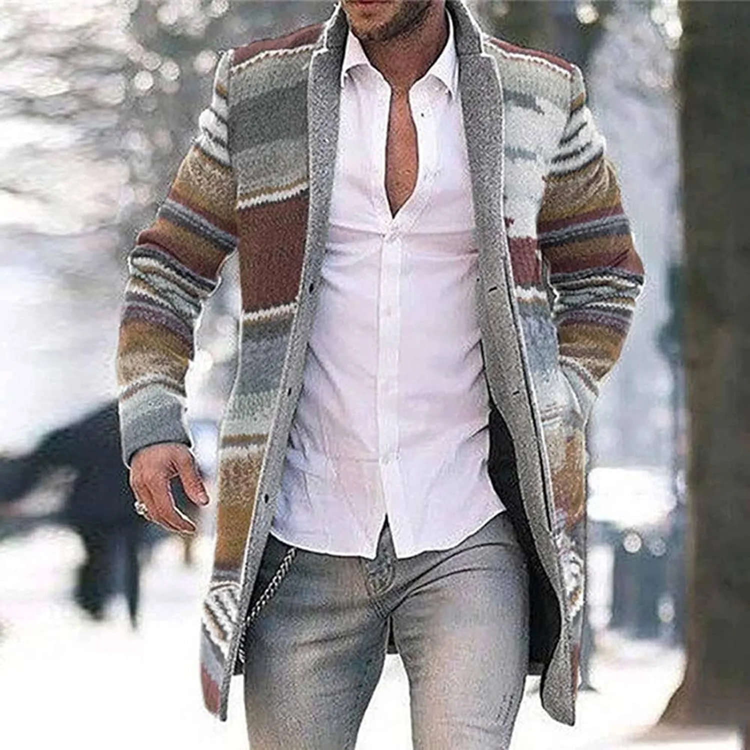 Cardigan Sweaters for Men,Fashion Printed Wool Blends Button Down Knitted Stand Collar Sweater Fall Winter Coat