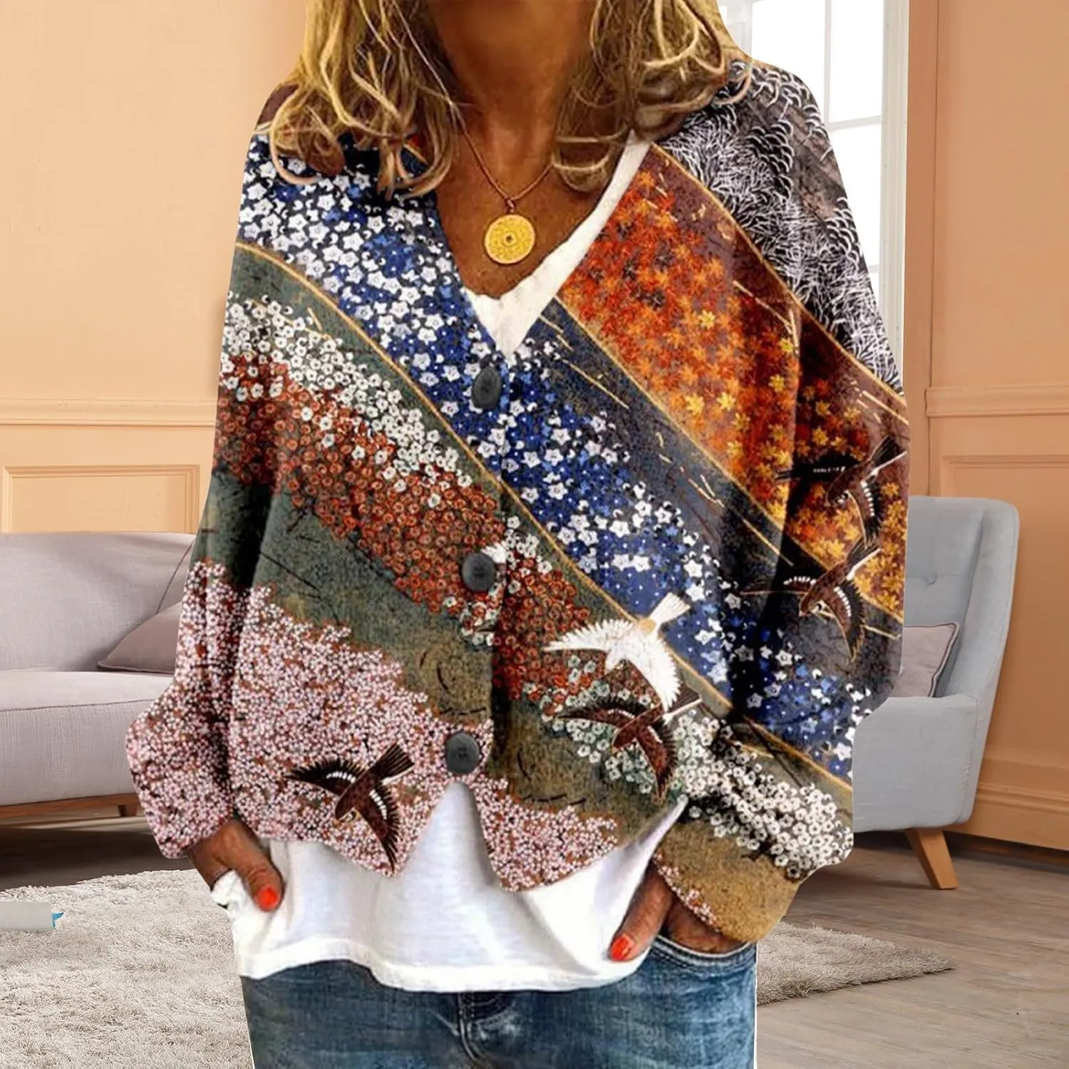 Cardigan Sweaters for Women Fall Casual Floral Printed Long Sleeve Button V-Neck Open Front Lightweight Loose Outwear