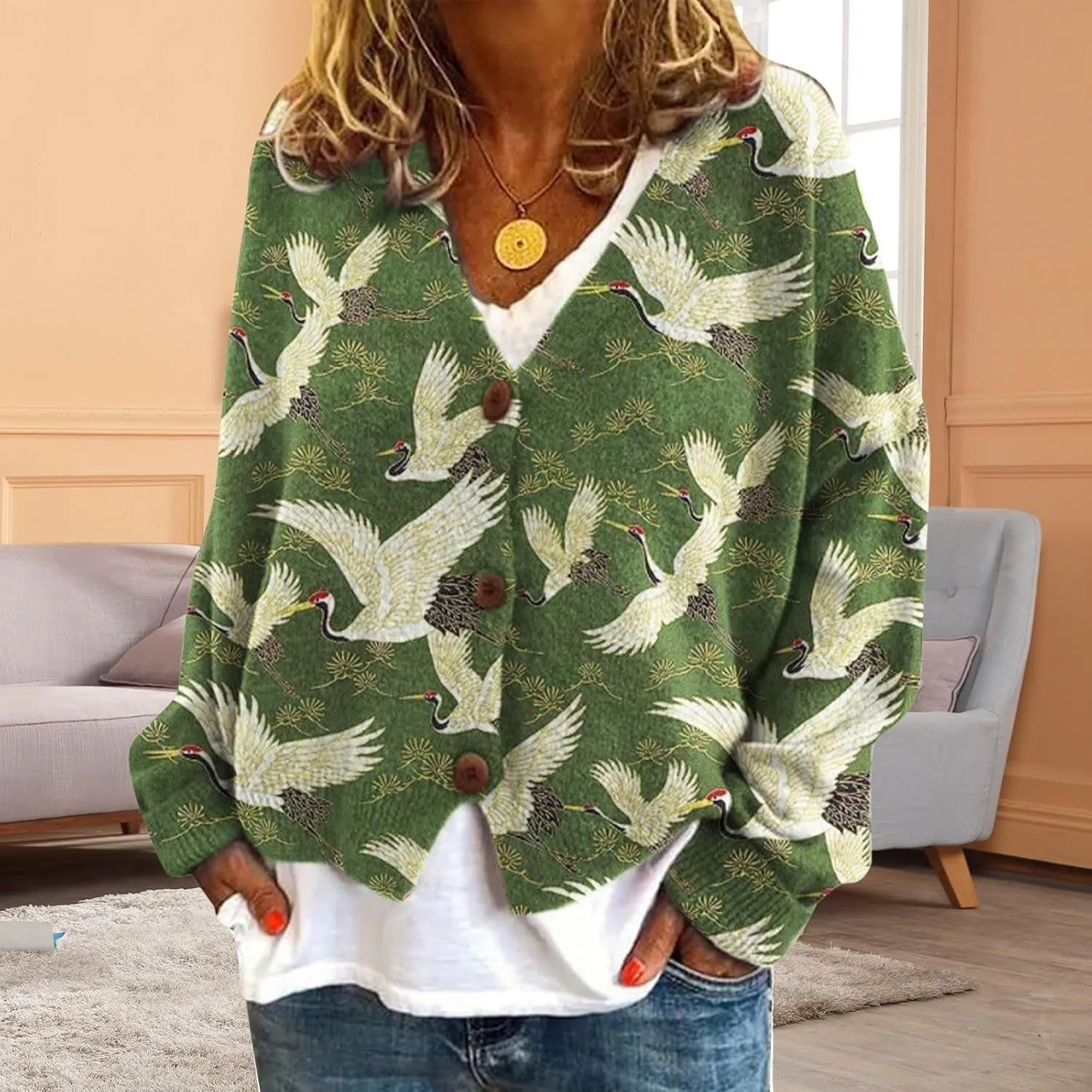 Cardigan Sweaters for Women Fall Casual Floral Printed Long Sleeve Button V-Neck Open Front Lightweight Loose Outwear