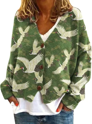 Cardigan Sweaters for Women Fall Casual Floral Printed Long Sleeve Button V-Neck Open Front Lightweight Loose Outwear