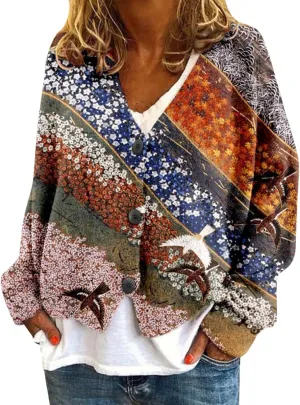 Cardigan Sweaters for Women Fall Casual Floral Printed Long Sleeve Button V-Neck Open Front Lightweight Loose Outwear