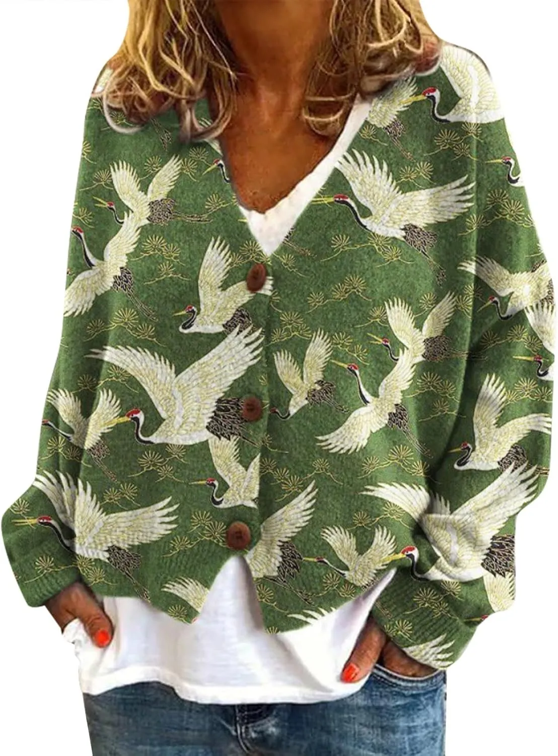 Cardigan Sweaters for Women Fall Casual Floral Printed Long Sleeve Button V-Neck Open Front Lightweight Loose Outwear
