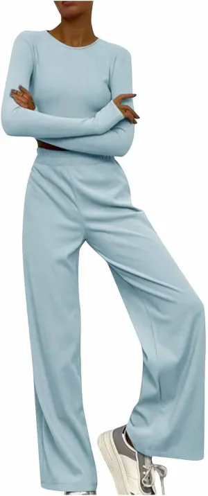 Casual 2 Piece Sets Women Fall Outfits Knit Long Sleeve Crop Top Wide Leg Pant Matching Lounge Set Tracksuit Sweatsuit