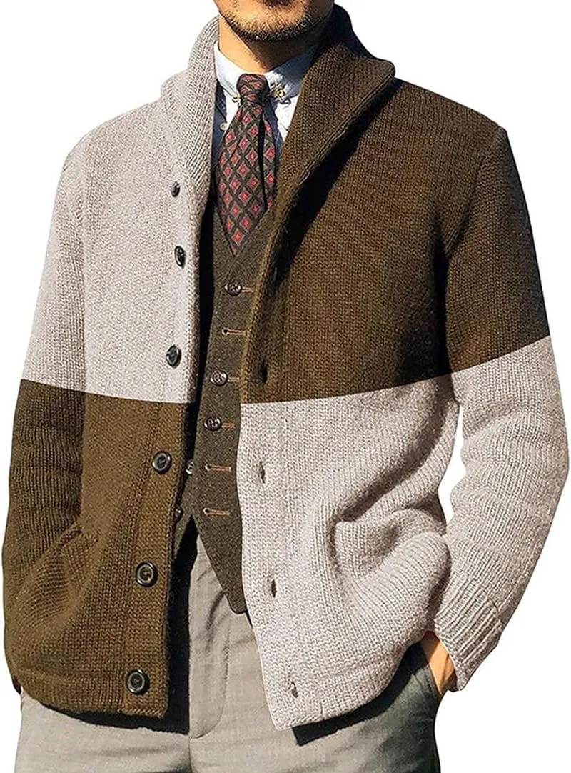 CHARTOU Men's Shawl Collar Open Front Cardigan Color Block Knitwear Sweater Jacket