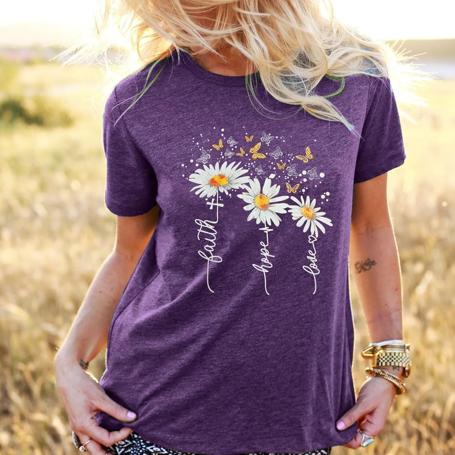 Christian Faith Shirts for Women Butterfly Daisy Graphic Casual T Shirts