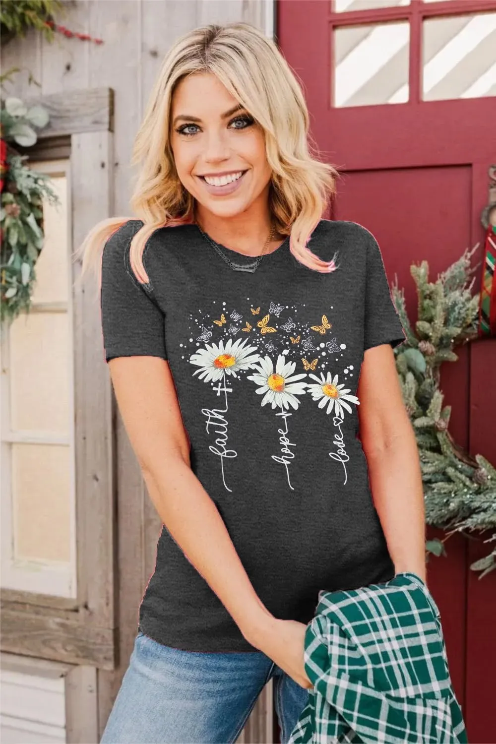 Christian Faith Shirts for Women Butterfly Daisy Graphic Casual T Shirts