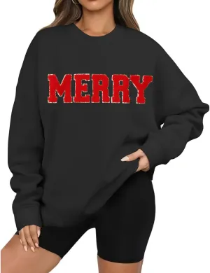 Christmas Sweatshirts for Women Oversized Merry Letter Graphic Sweatshirt Chenille Patch Pullover Funny Xmas Tops