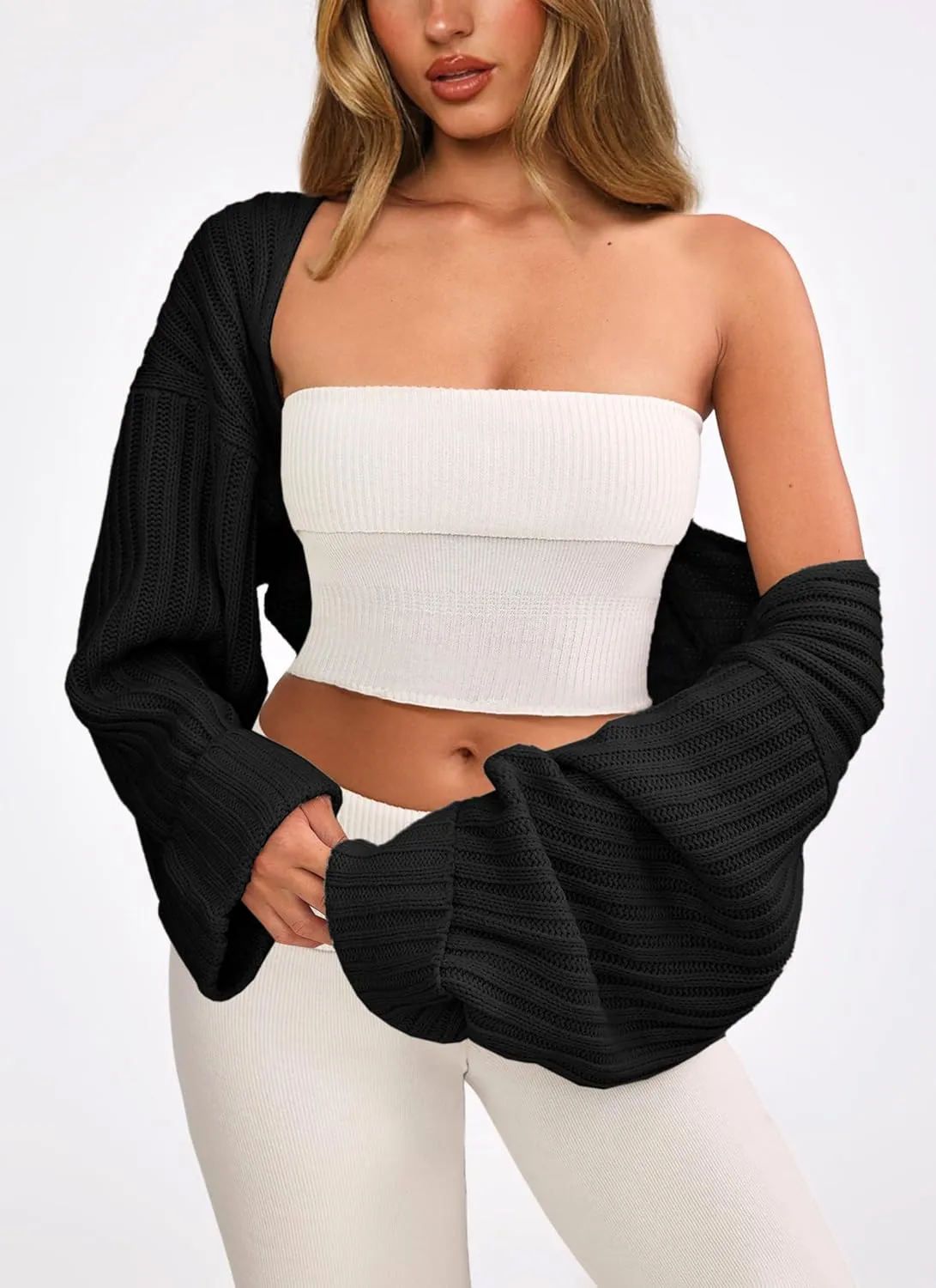 Chunky Knit Bolero Shrug Cardigan Sweater for Women Fall Open Front Long Arm Sleeve Cropped Cardigan Y2k Loose Sueter