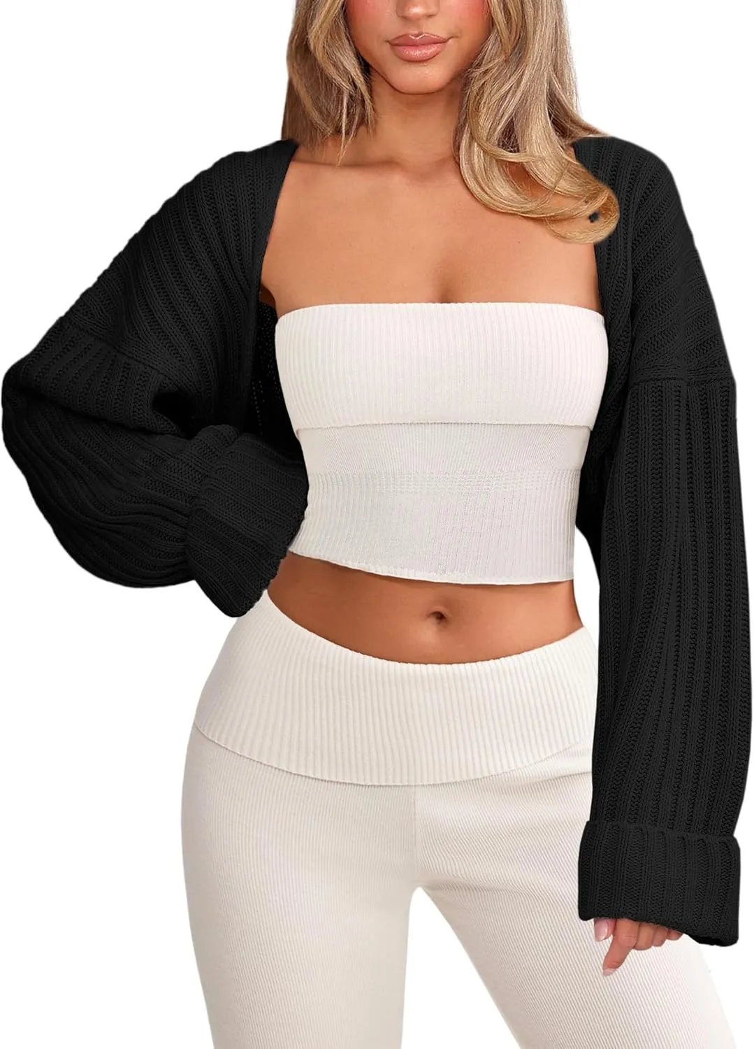 Chunky Knit Bolero Shrug Cardigan Sweater for Women Fall Open Front Long Arm Sleeve Cropped Cardigan Y2k Loose Sueter