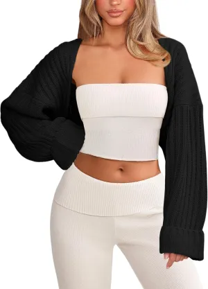 Chunky Knit Bolero Shrug Cardigan Sweater for Women Fall Open Front Long Arm Sleeve Cropped Cardigan Y2k Loose Sueter