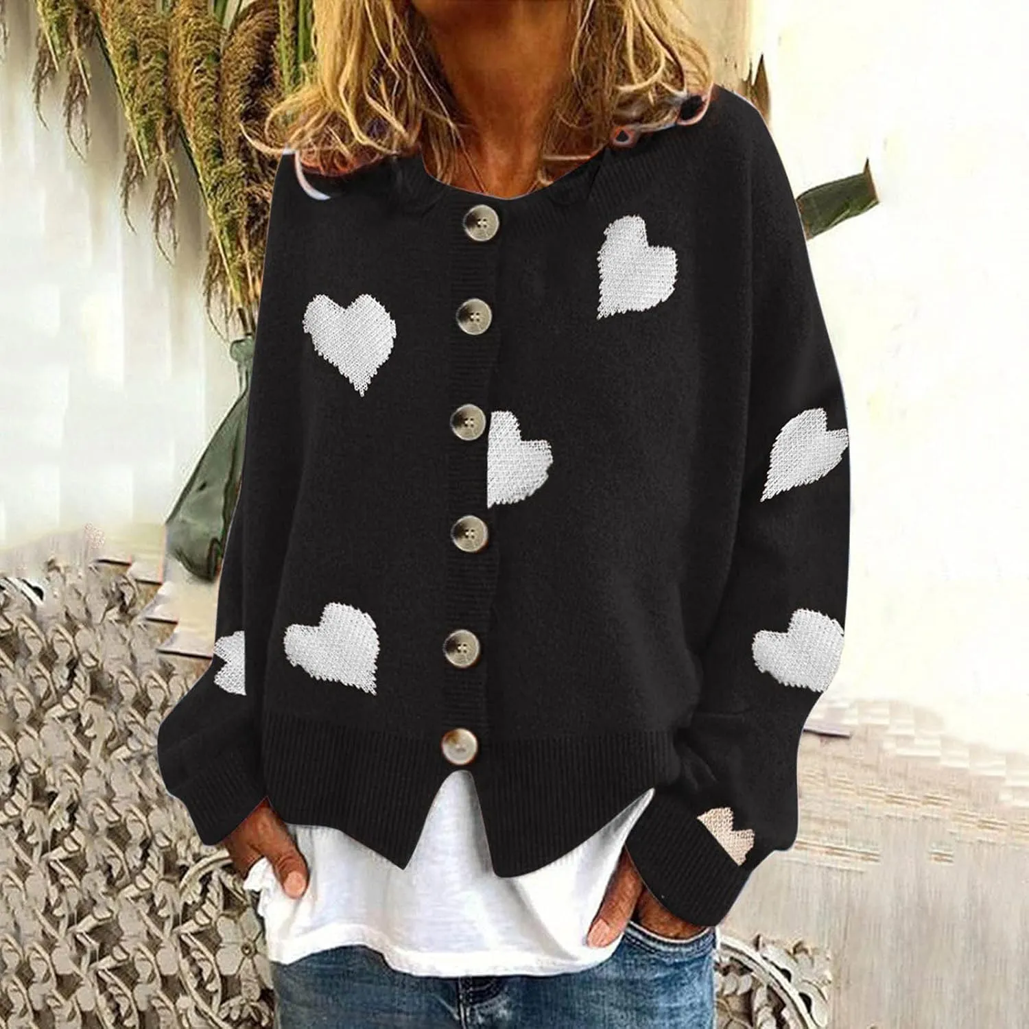 Chunky Knit Sweater Women Heart Graphic Long Sleeve Pullover Tops Crewneck Button Down Plus Size Cardigan Sweaters