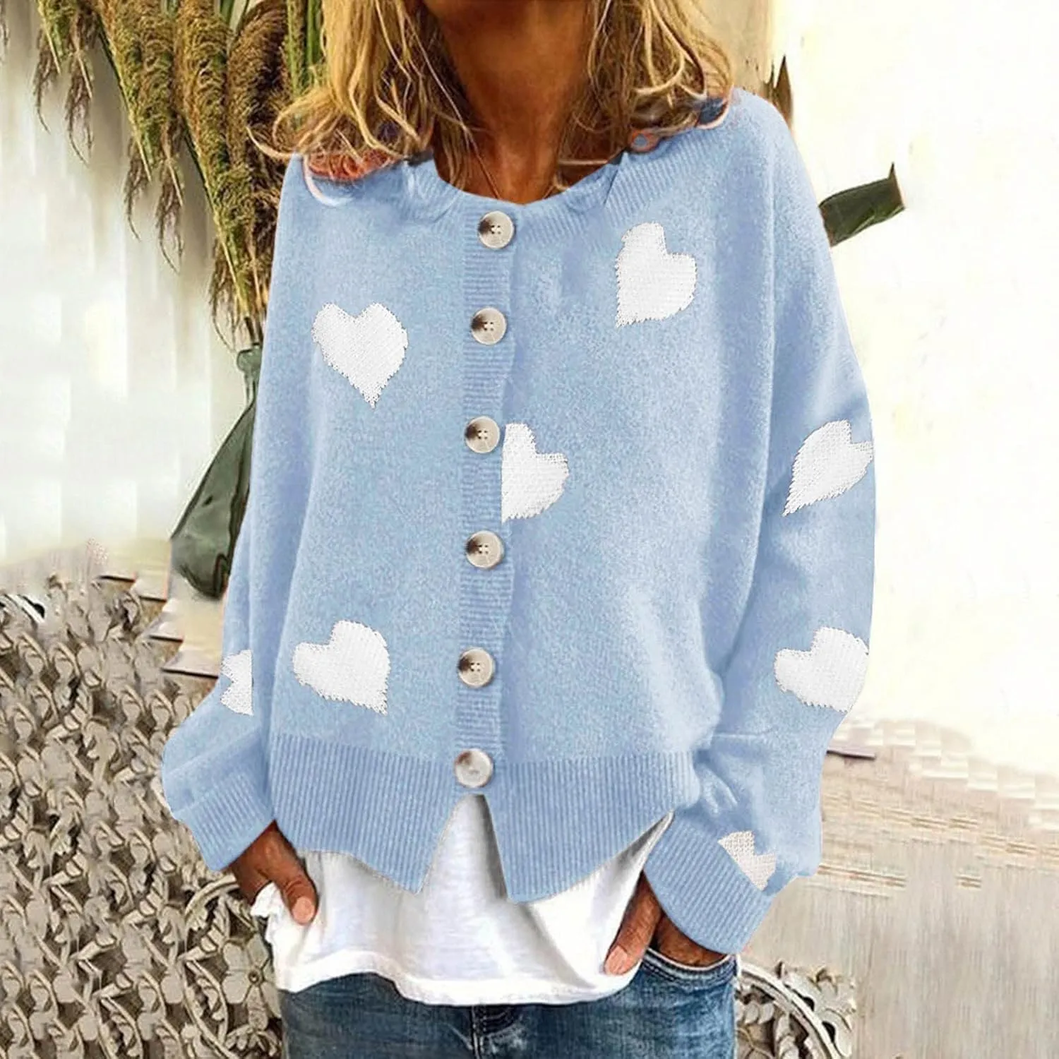 Chunky Knit Sweater Women Heart Graphic Long Sleeve Pullover Tops Crewneck Button Down Plus Size Cardigan Sweaters