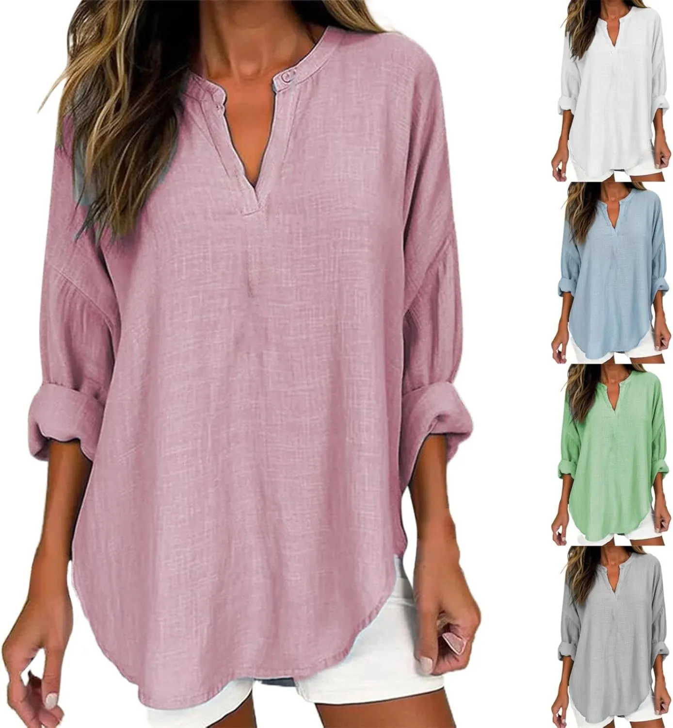 Cotton Linen Henley Tops Women Dressy Long Sleeve Vneck Hide Belly Longline Tshirts Plain Cotton Tunic Tee Shirts