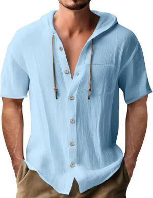 Cotton Linen Hoodie Shirts for Men V Neck Button Down Hooded Pullover Lightweight Summer Casual Hawaiian Beach Yoga Shirts
