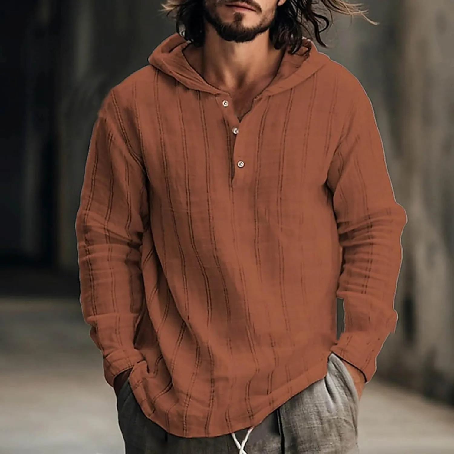 Cotton Linen Hoodies for Men Drawstring Hooded Button Down Beach Hippie Shirts Casual Lightweight Cotton Tee Shirts Tops