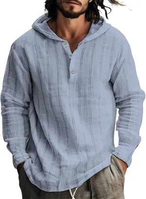 Cotton Linen Hoodies for Men Drawstring Hooded Button Down Beach Hippie Shirts Casual Lightweight Cotton Tee Shirts Tops