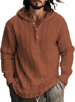 Cotton Linen Hoodies for Men Drawstring Hooded Button Down Beach Hippie Shirts Casual Lightweight Cotton Tee Shirts Tops