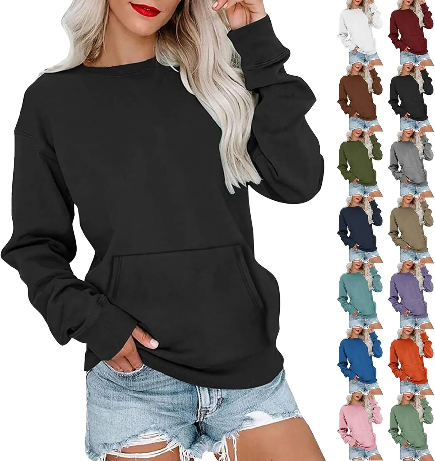 Crewneck Sweatshirts Women Pullover Sweaters Trendy Sweatshirt Long Sleeve Fall Outfits Sweaters with Pockets