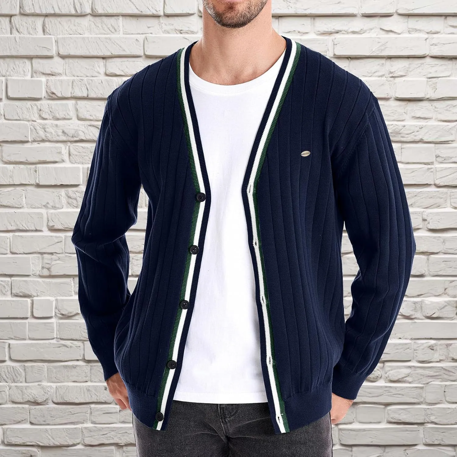 Dgoopd Cardigan Sweaters for Men Striped Knit Sweater Button Down V Neck Cardigan Lightweight Long Sleeve Sweater Casual Tops