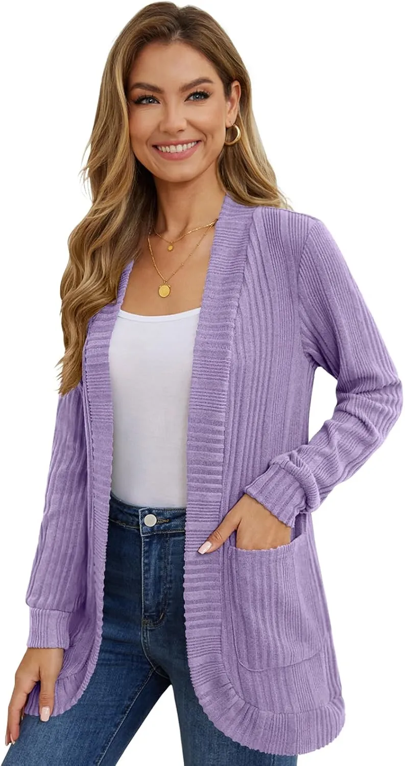 DouBCQ Womens Long Cardigans Lightweight Open Front Long Sleeve Cardigan Sweater with Pockets