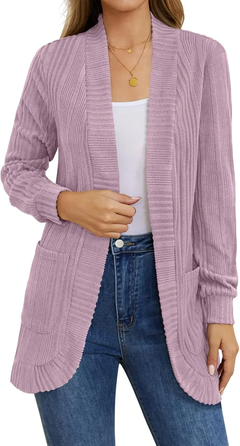 DouBCQ Womens Long Cardigans Lightweight Open Front Long Sleeve Cardigan Sweater with Pockets
