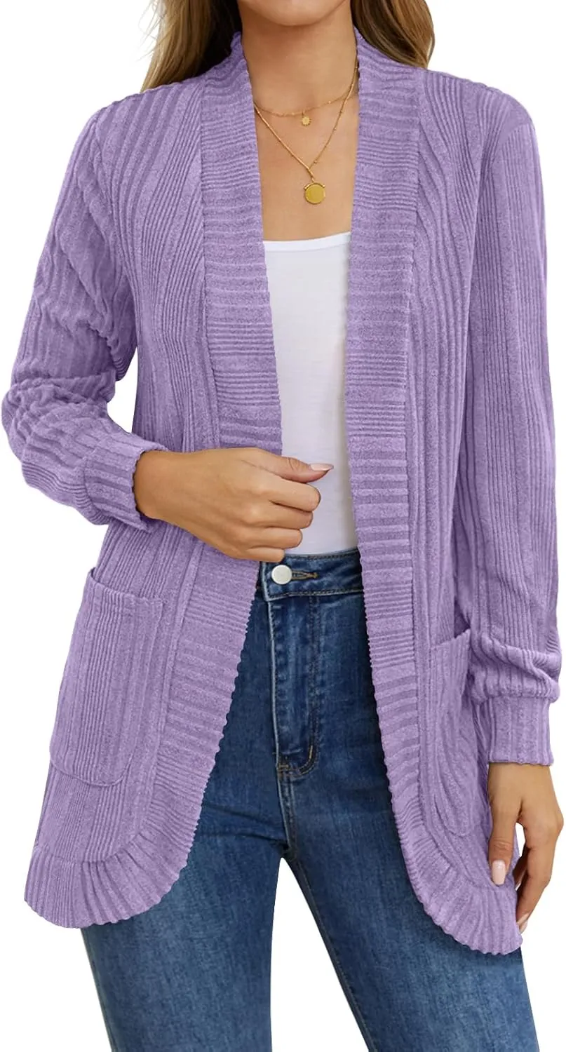 DouBCQ Womens Long Cardigans Lightweight Open Front Long Sleeve Cardigan Sweater with Pockets