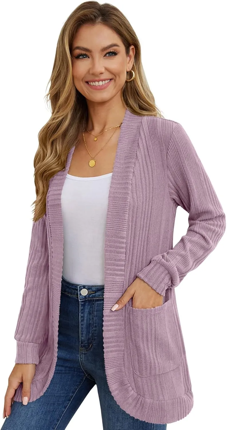 DouBCQ Womens Long Cardigans Lightweight Open Front Long Sleeve Cardigan Sweater with Pockets