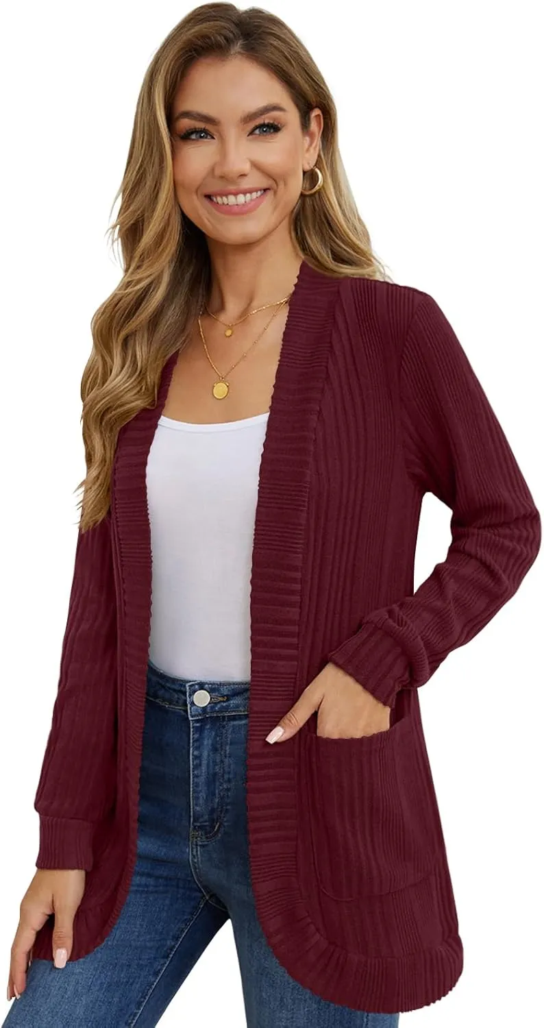 DouBCQ Womens Long Cardigans Lightweight Open Front Long Sleeve Cardigan Sweater with Pockets
