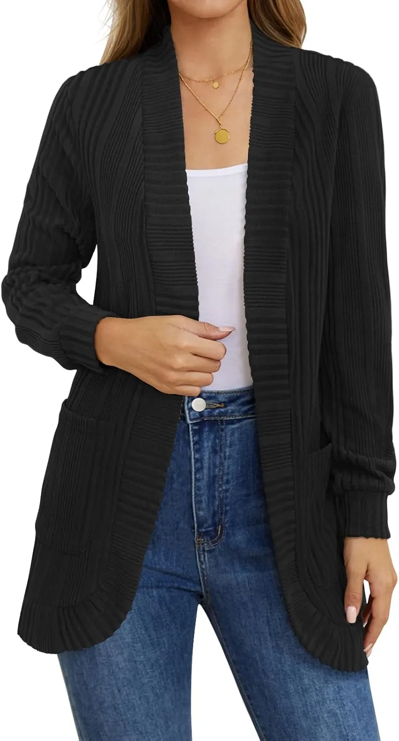 DouBCQ Womens Long Cardigans Lightweight Open Front Long Sleeve Cardigan Sweater with Pockets