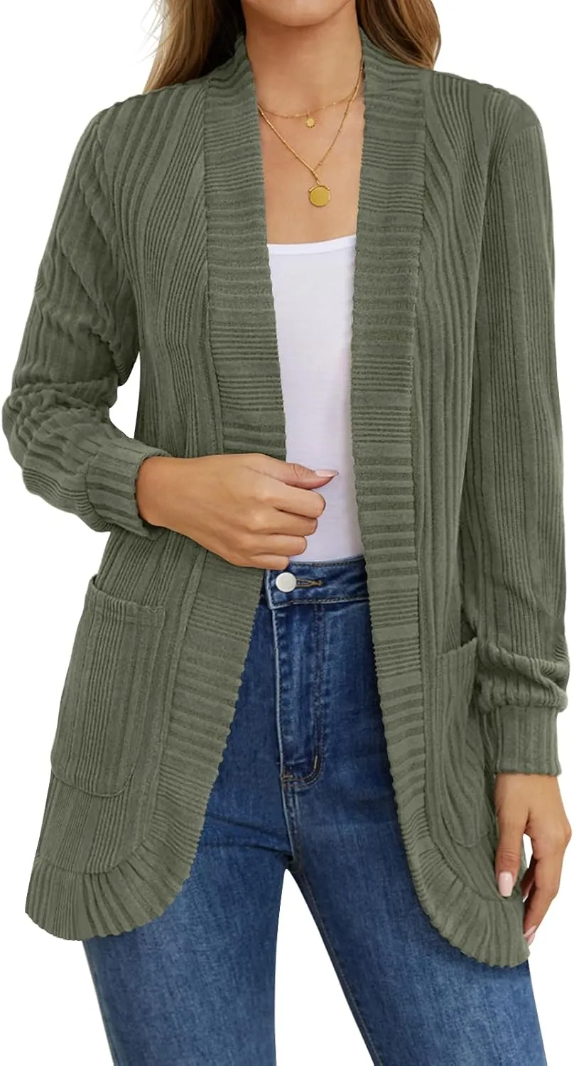 DouBCQ Womens Long Cardigans Lightweight Open Front Long Sleeve Cardigan Sweater with Pockets