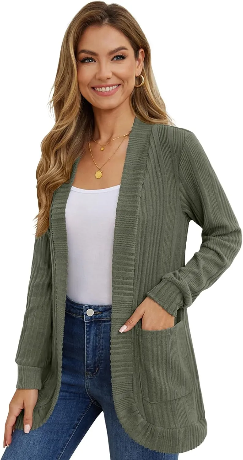 DouBCQ Womens Long Cardigans Lightweight Open Front Long Sleeve Cardigan Sweater with Pockets