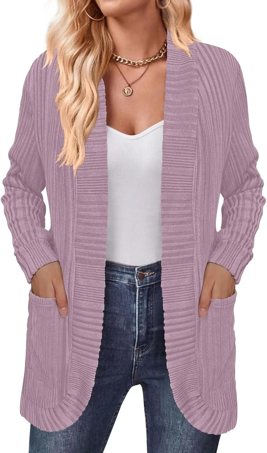 DouBCQ Womens Long Cardigans Lightweight Open Front Long Sleeve Cardigan Sweater with Pockets