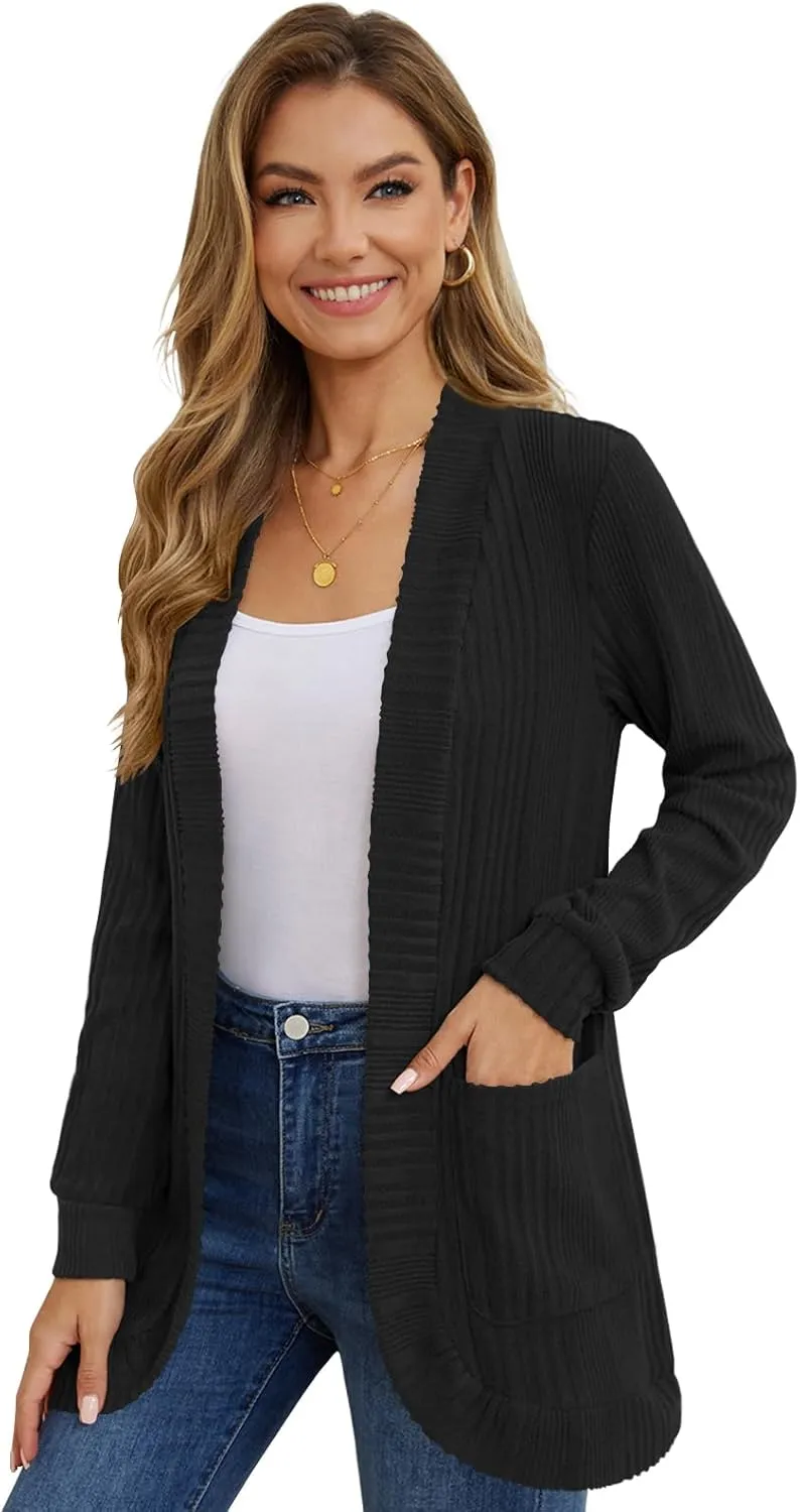 DouBCQ Womens Long Cardigans Lightweight Open Front Long Sleeve Cardigan Sweater with Pockets