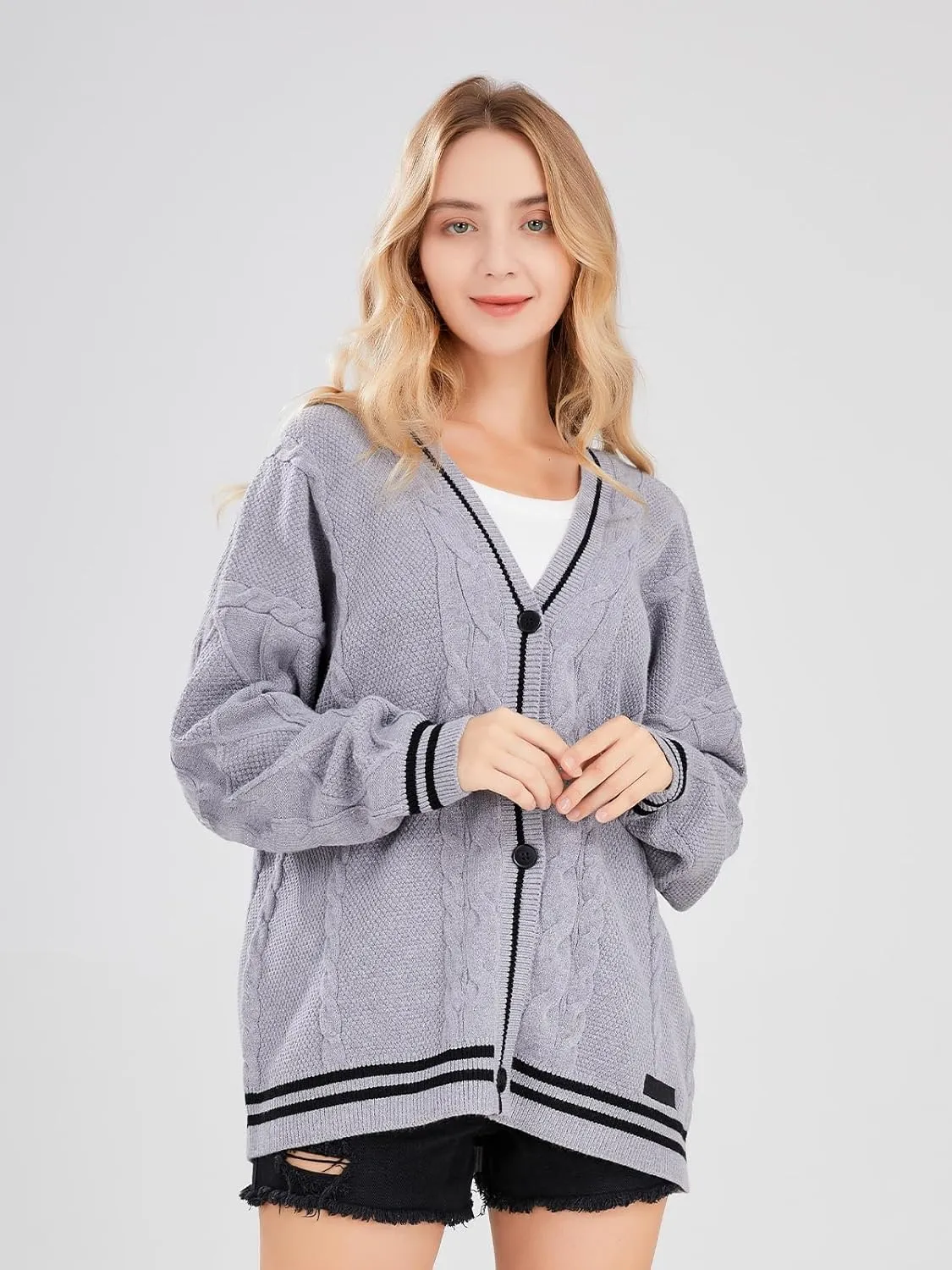 ebossy Women's Open Front Stars Embroideried Cable Knit Cardigans Button Down Sweater Outwear