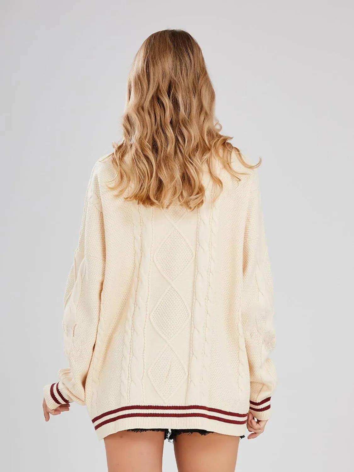 ebossy Women's Open Front Stars Embroideried Cable Knit Cardigans Button Down Sweater Outwear