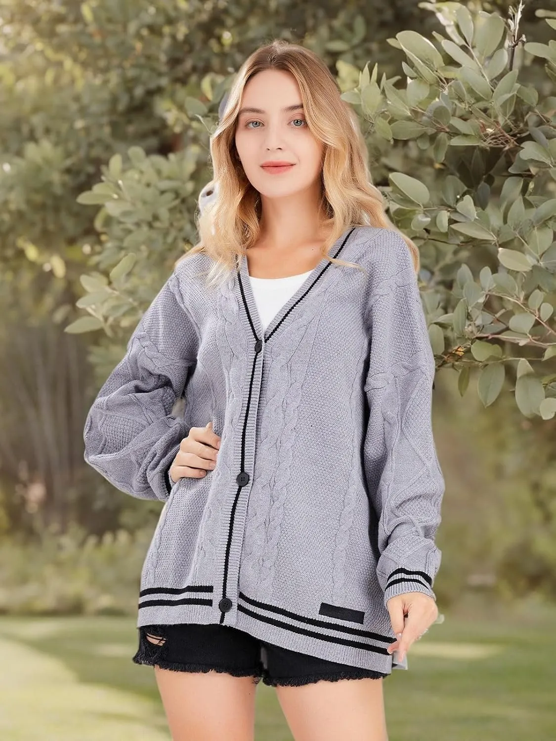 ebossy Women's Open Front Stars Embroideried Cable Knit Cardigans Button Down Sweater Outwear