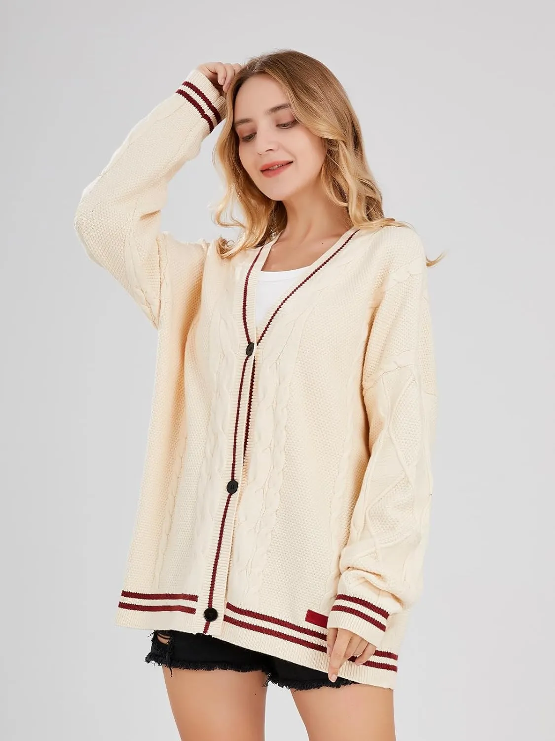 ebossy Women's Open Front Stars Embroideried Cable Knit Cardigans Button Down Sweater Outwear