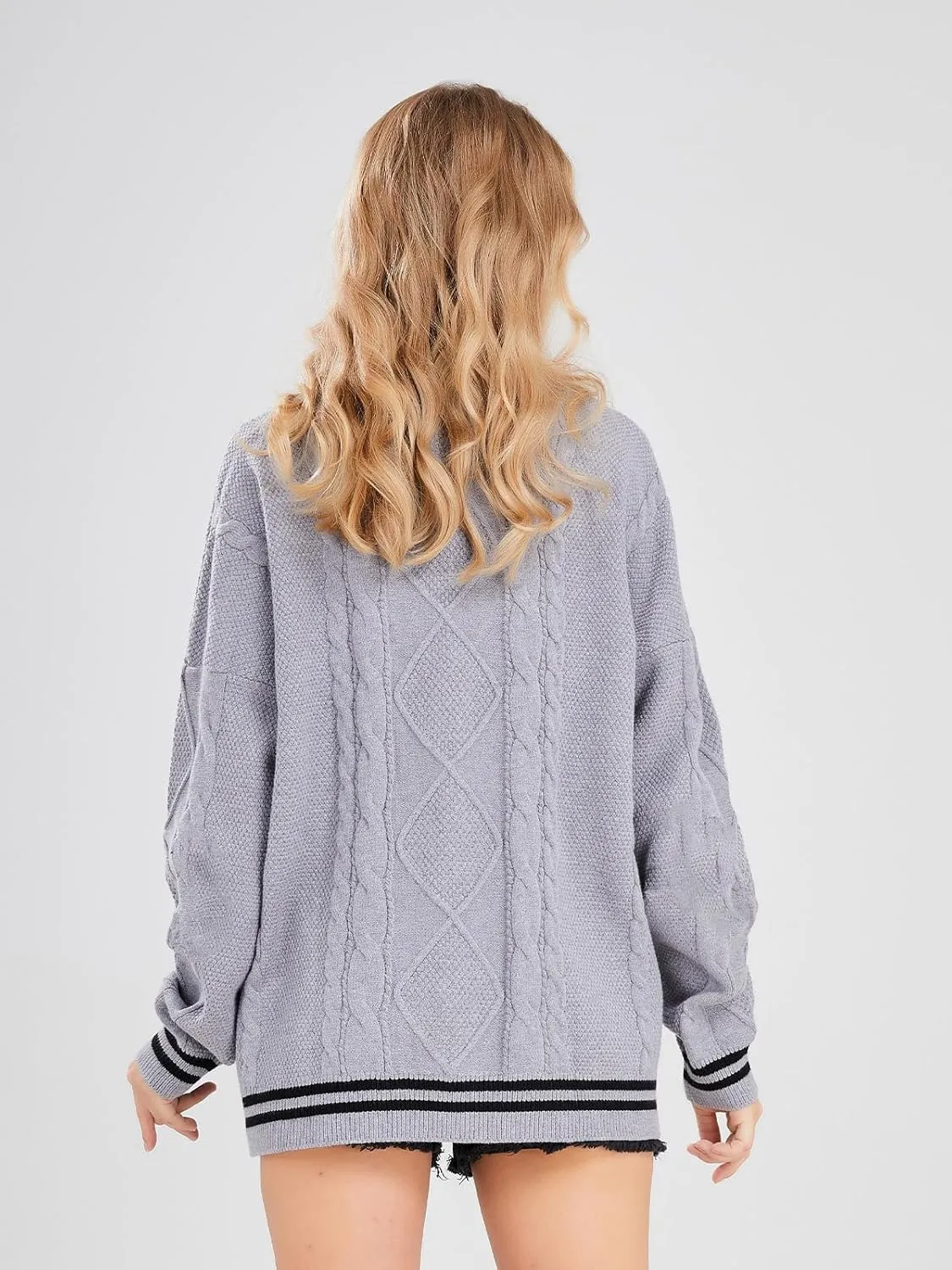 ebossy Women's Open Front Stars Embroideried Cable Knit Cardigans Button Down Sweater Outwear