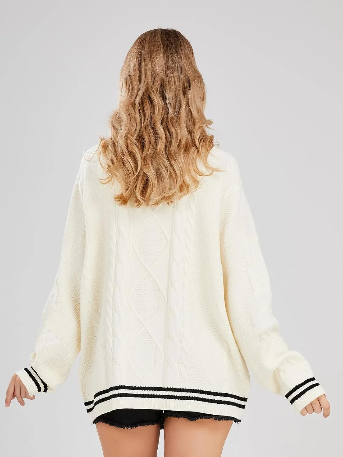 ebossy Women's Open Front Stars Embroideried Cable Knit Cardigans Button Down Sweater Outwear