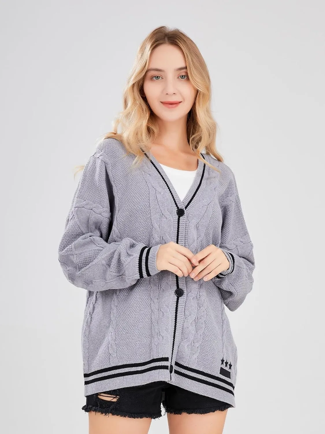 ebossy Women's Stars Embroideried Cable Knit Cardigans Open Front Button Down Sweater Outwear
