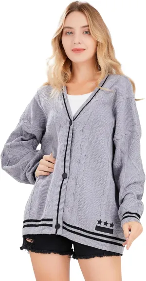 ebossy Women's Stars Embroideried Cable Knit Cardigans Open Front Button Down Sweater Outwear