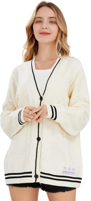 ebossy Women's Stars Embroideried Cable Knit Cardigans Open Front Button Down Sweater Outwear