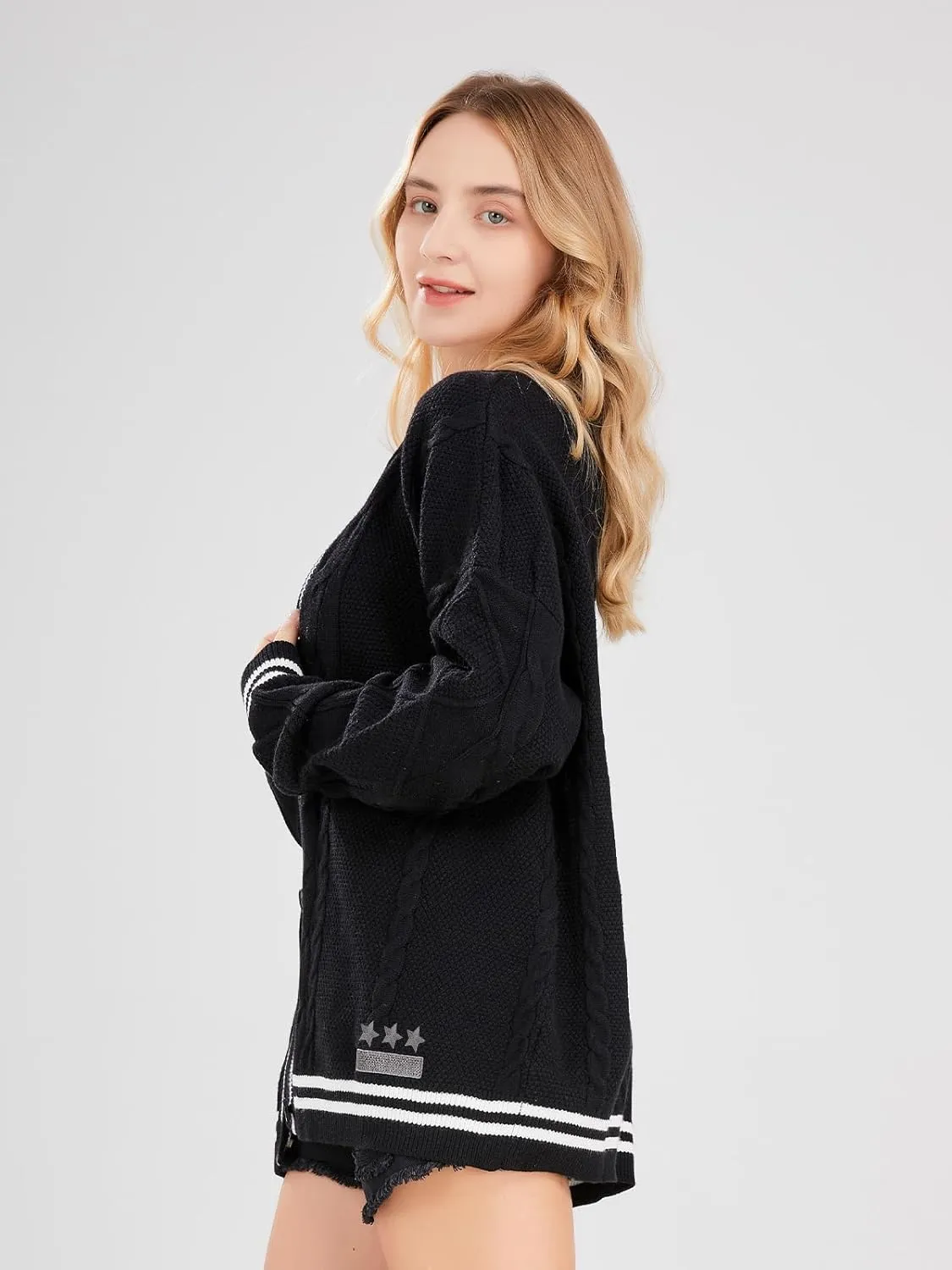 ebossy Women's Stars Embroideried Cable Knit Cardigans Open Front Button Down Sweater Outwear