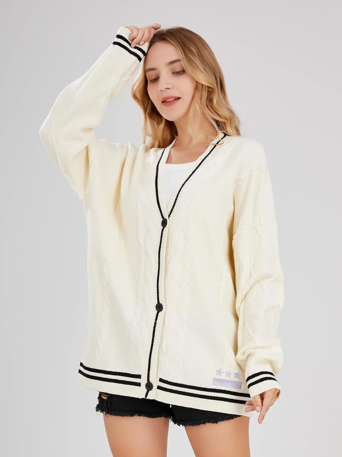 ebossy Women's Stars Embroideried Cable Knit Cardigans Open Front Button Down Sweater Outwear