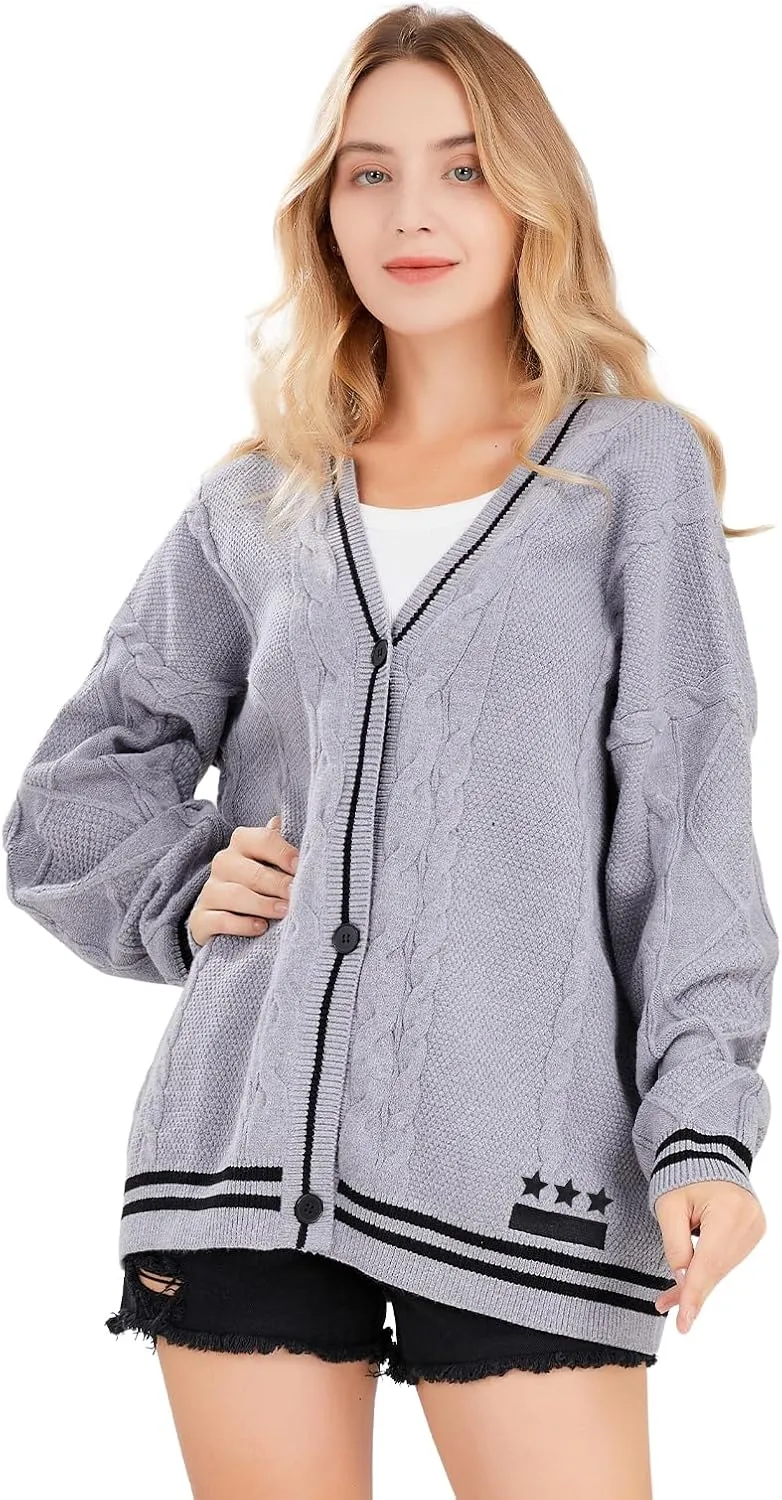 ebossy Women's Stars Embroideried Cable Knit Cardigans Open Front Button Down Sweater Outwear