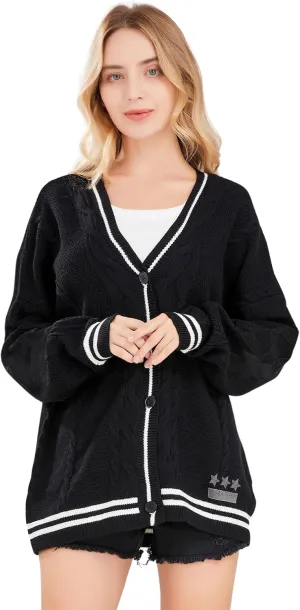ebossy Women's Stars Embroideried Cable Knit Cardigans Open Front Button Down Sweater Outwear