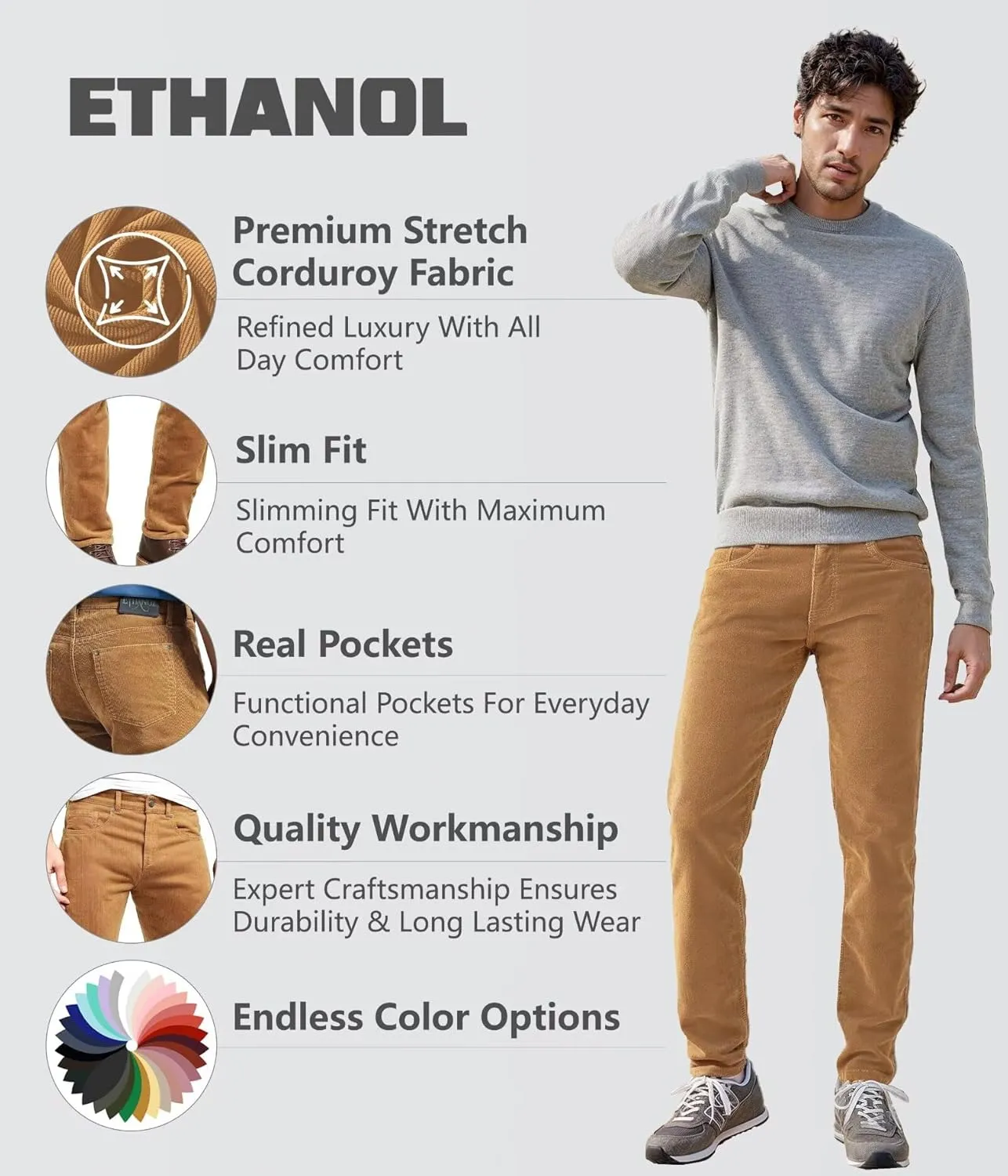 ETHANOL Men's Slim Stretchy Casual Corduroy Pant